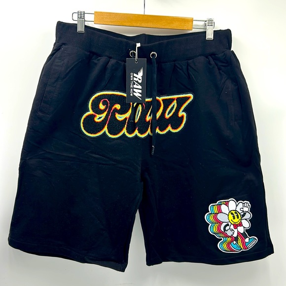 NWT RAW OWN THE NOW MENS SIZE XL 2 POCKET BLACK GRAPHIC PATCH SHORT - Picture 1 of 7